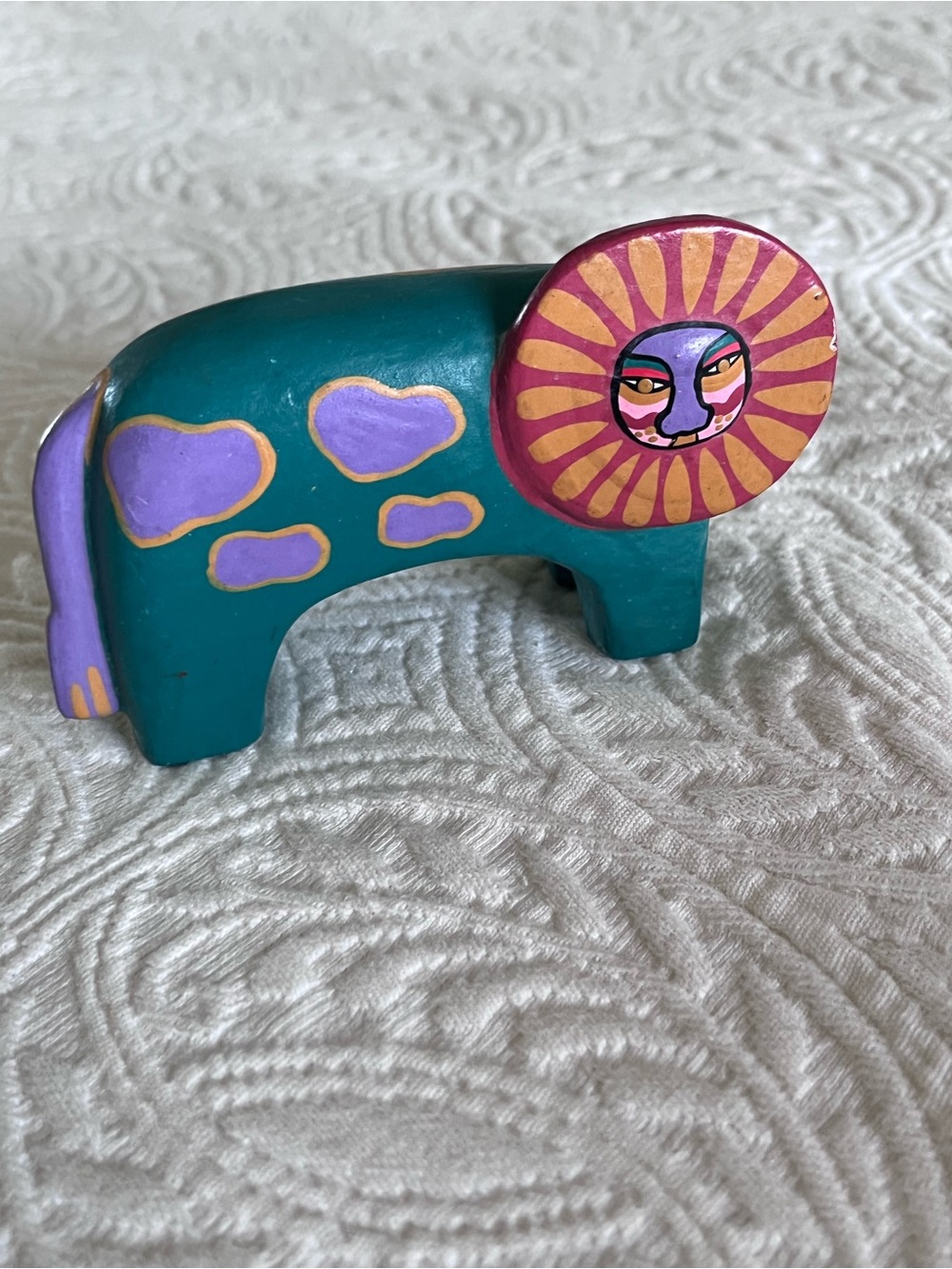 Laurel Burch Lion Painted Wooden Green Purple Vtg 4x3” Southwest Figure Cat